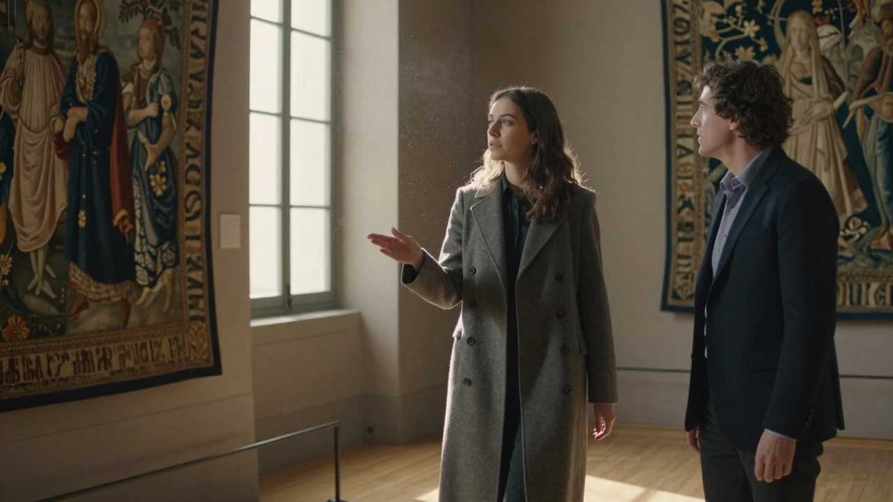 A knowledgeable woman guiding a client through a quiet gallery at the Louvre.