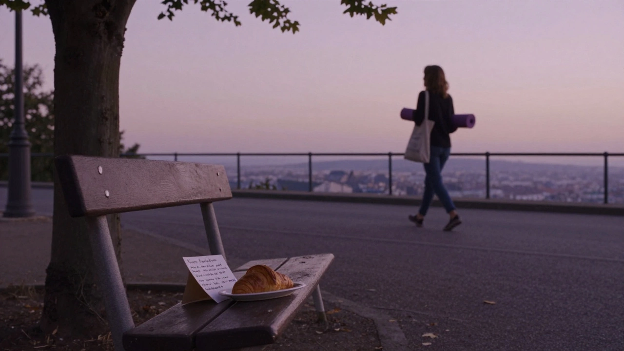A lonely bench in Montmartre with a croissant and note under twilight sky.