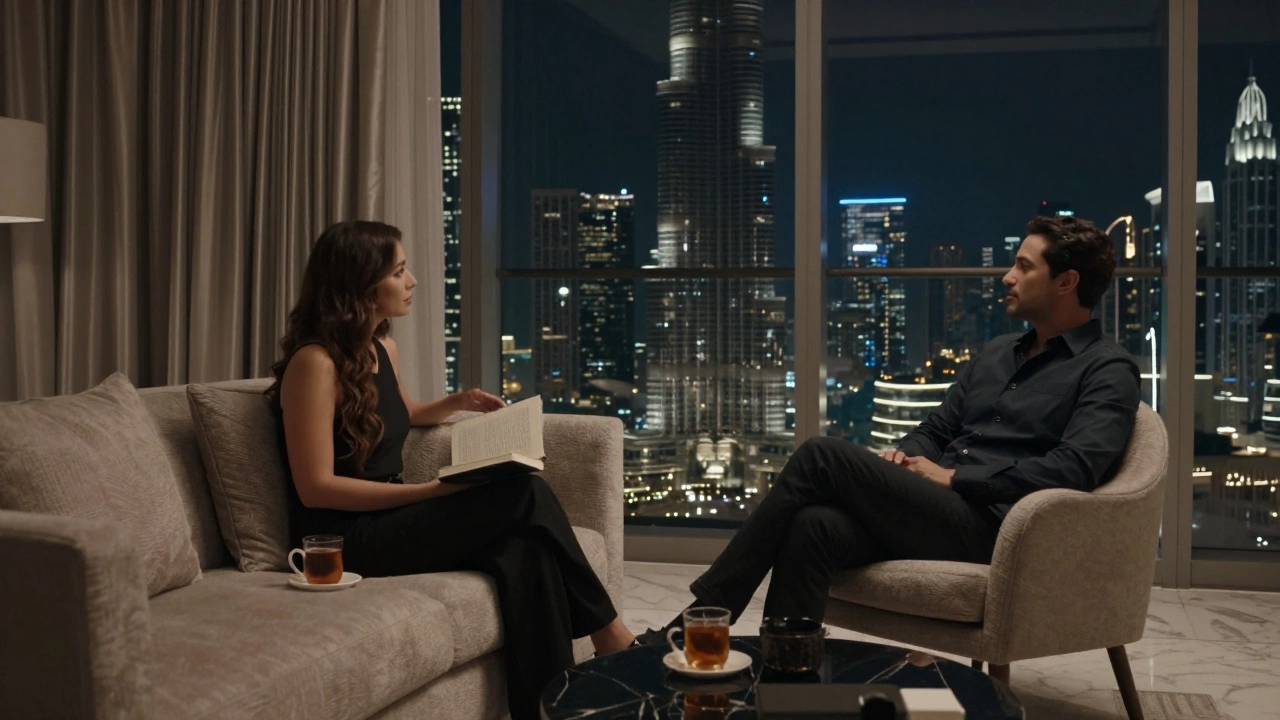 Simone in a penthouse living room, relaxed beside a cup of tea, engaged in quiet conversation with a client.